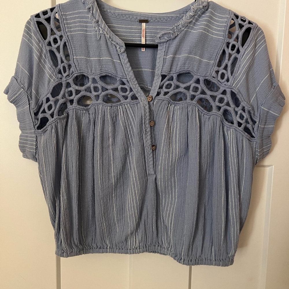 Women's Free People Cropped Blue Crochet Detail Top